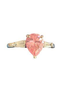 Vintage Silver Tone Pear Cut Pink Glass Rhinestone Ring Baguette Estate Size 9.5